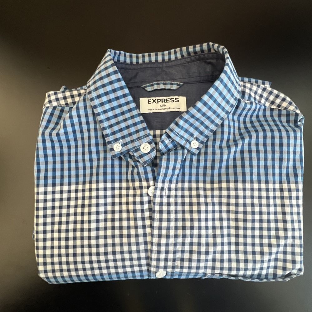 Express Button Up Shirt Men's Medium 100% Cotton Plaid Blue Casual Check